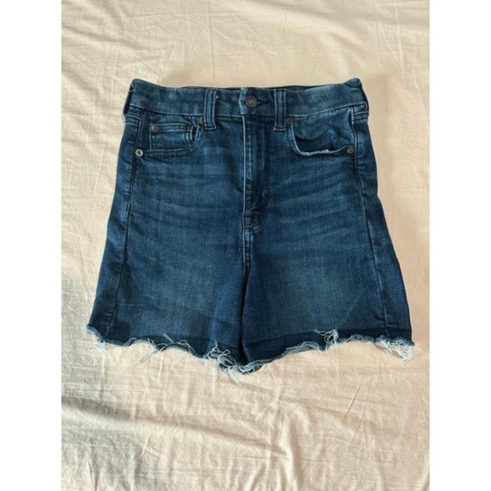 American Eagle Curvy Super Hi‎ Rise Shortie Blue Denim Shorts Womens Size 2 (H4)